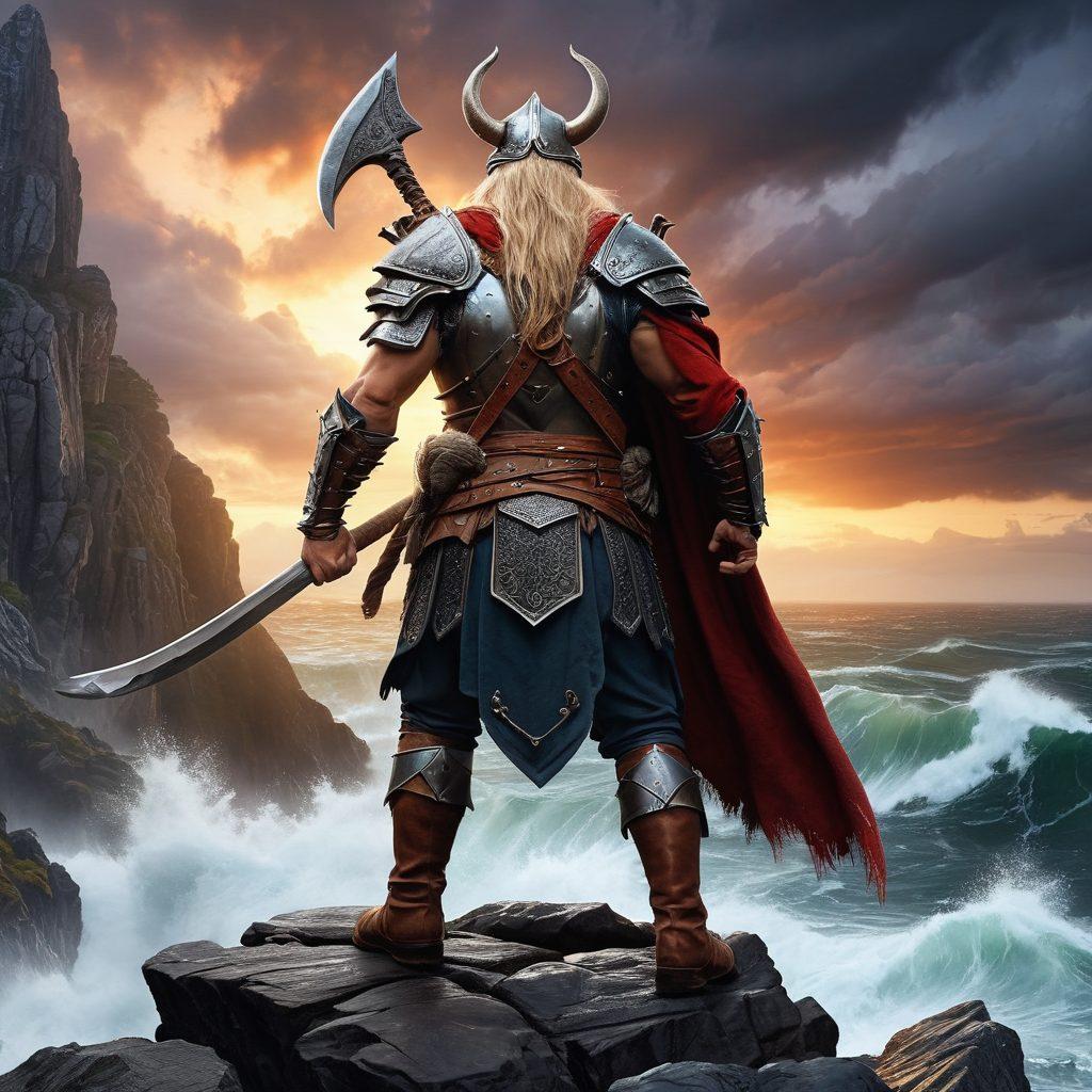 A fierce Norse warrior clad in traditional armor, standing proudly on a rocky cliff overlooking a stormy sea, with thunderous waves crashing below. In the background, mythical creatures like trolls and Valkyries soar through dark clouds, creating an atmosphere of adventure and legend. The warrior grips a shimmering axe and has a proud expression, embodying bravery and strength. The scene is illuminated by a dramatic sunset, casting an ethereal glow. super-realistic. vibrant colors. epic fantasy.