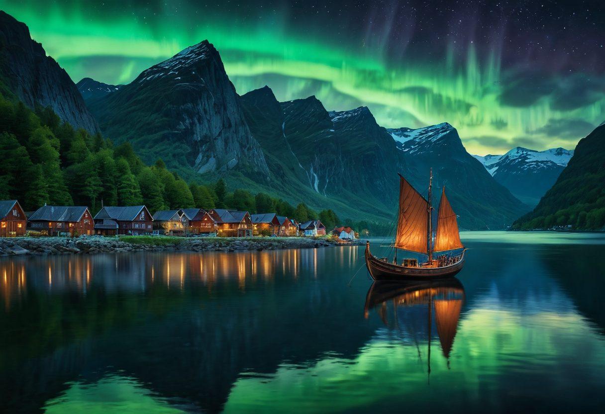 A Viking ship sailing through a serene fjord, surrounded by lush green mountains and traditional Scandinavian villages on the shore. Elements of Norse mythology subtly depicted in the background, with the Aurora Borealis lighting up the sky. Incorporate ancient runes carved into the stones alongside the water. A warm, inviting color palette to evoke a sense of joy and adventure. super-realistic. vibrant colors. atmospheric.