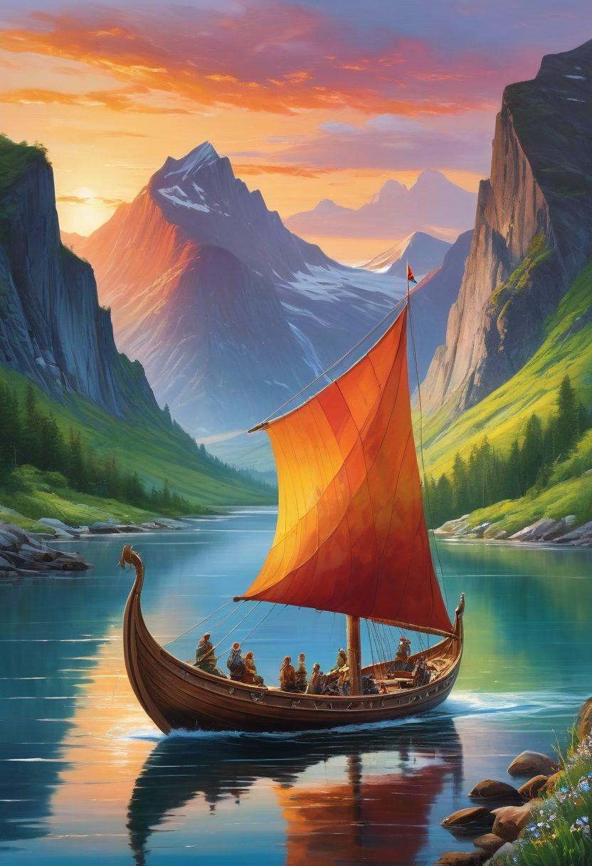 A vibrant illustration of a Viking ship sailing through a serene fjord, with rugged mountains on either side. The ship is adorned with colorful sails and a dragon figurehead, while joyful Vikings are celebrating on deck. In the background, a beautiful sunset casts a golden glow over the water, symbolizing adventure and discovery. Capture the essence of Scandinavian nature with lush greenery and wildflowers along the shore. painting. vibrant colors.
